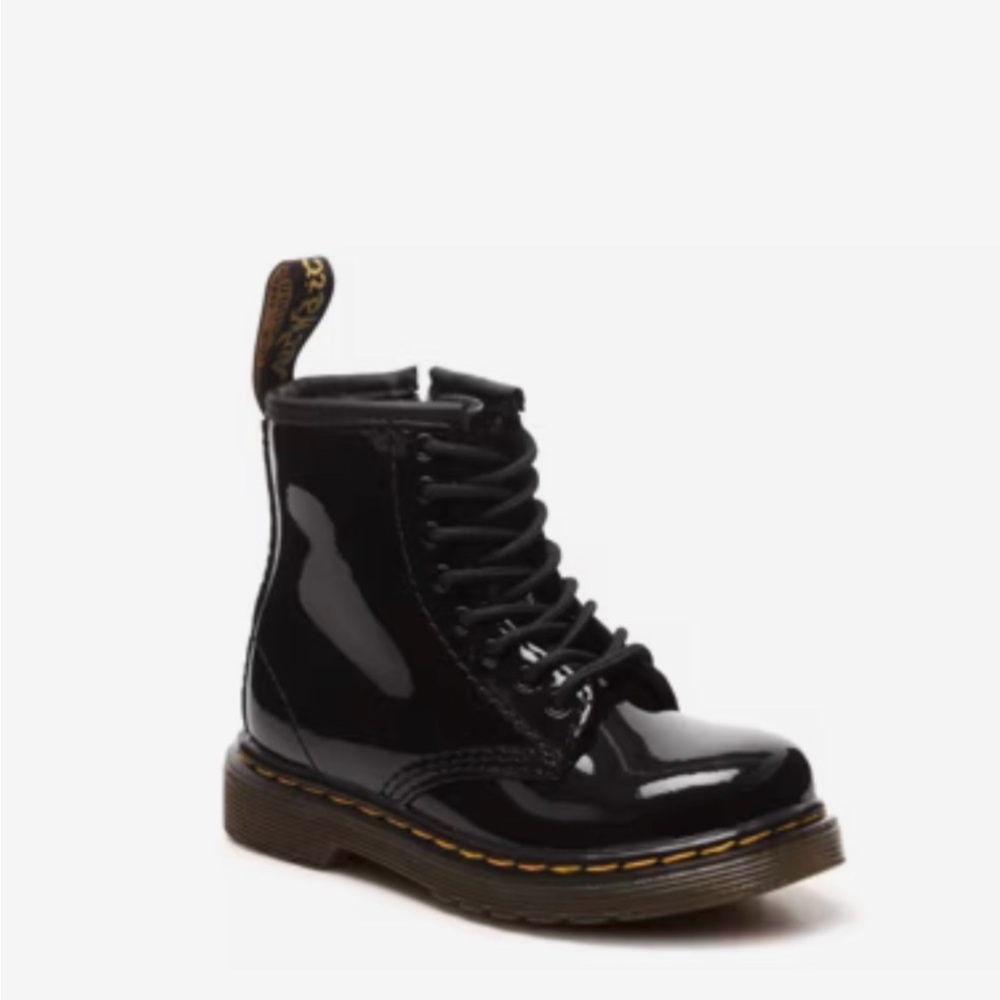 Dr. Martens Black Patent Lace-Up Combat Boot with Yellow Stitching